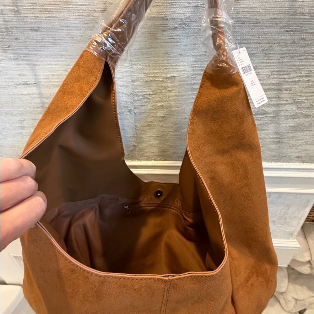 NWT new Anthropologie large faux suede slouchy bag purse tan Hobo Bag - Picture 11 of 17